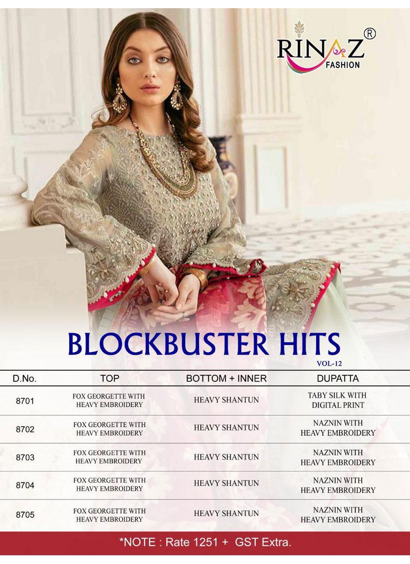 Rinaz Block Buster Hits 12 Fancy Designer Festive Wear Jetport with Heavy Embroidery Diamond Work Georgette Premium Pakistani Salwar Suit Collection